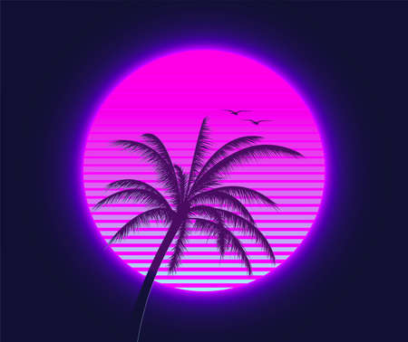 Retrowave sunset with palm silhouette and flying birds in the foreground. Summer time themed synthwave styled vector eps 10 illustration.のイラスト素材