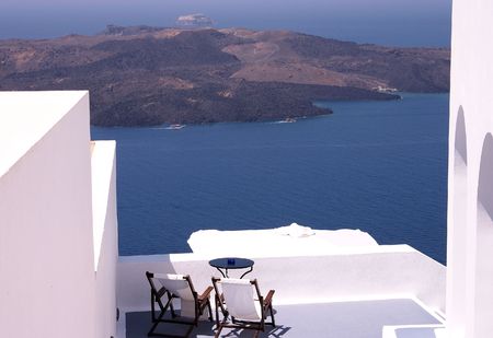 View across the volcanic cone on Santorini, Greece, from Fira town.の写真素材