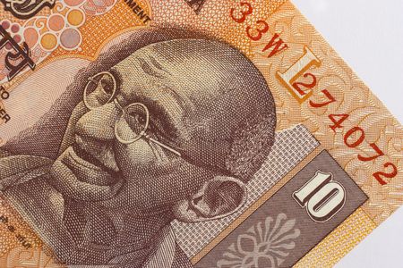 Indian 10 Rupee banknote, depicting Mohandas "Mahatma" Gandhiの写真素材