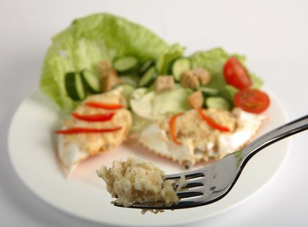 Meat from a dressed crab on a fork, in front of an out-of-focus plate with crabs and salad.の写真素材
