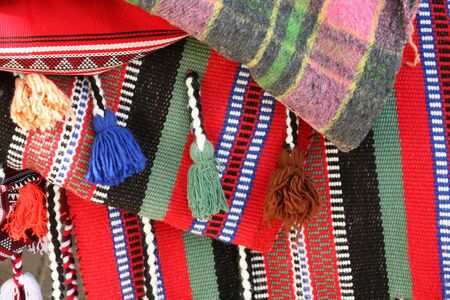 Close-up view of the patterns on camel saddle blankets, used to provide cushioning for the rider and to add a touch of elegance. These blankets were actually in use.の写真素材