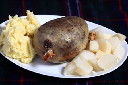 A cooked haggis with diced turnips and mashed potatoes - the traditional の写真素材