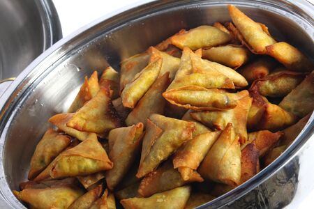 Samosas in a bowl, a popular snack in the Middle East and Asiaの写真素材