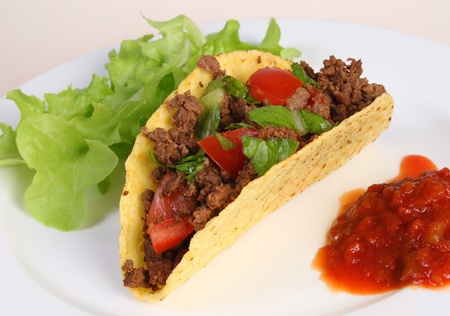 A beef filled taco on a plate with salsa and a lettuce leaf.の写真素材
