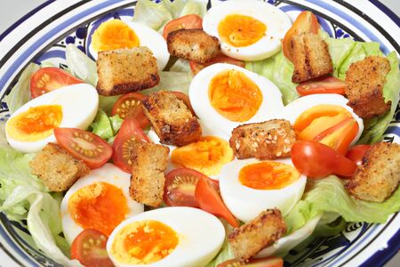 A salad of hard-boiled eggs, miniature plum tomatoes, iceburg lettuce and homemade croutonsの写真素材