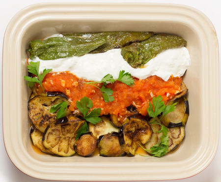 Fried aubergine (or eggplant) and fried mild green peppers served with garlic infused tomato and yogurt sauces. This is a traditional Turkish summer dish, served cold.の写真素材