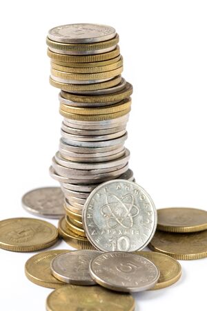 An assortment of Greek drachma coins from the 1990sの写真素材
