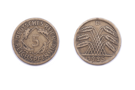 A five Pfennig coin from Germany. It was minted in 1925 and features a cereal crop on the reverse sideの写真素材