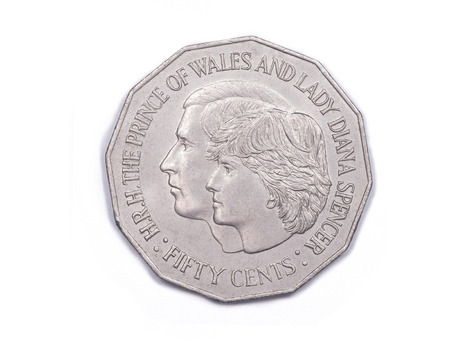 A commemorative fifty cents coin - reverse side - from Australia to mark the engagement of Prince Charles, The Prince of Wales, to Lady Diana Spencer minted 1981の写真素材
