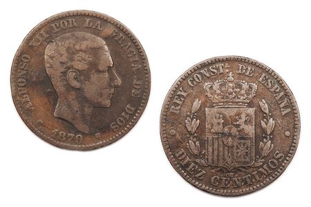 A ten Centimos coin from Spain featuring Alfonso the twelth of Spain mited 1879.の写真素材