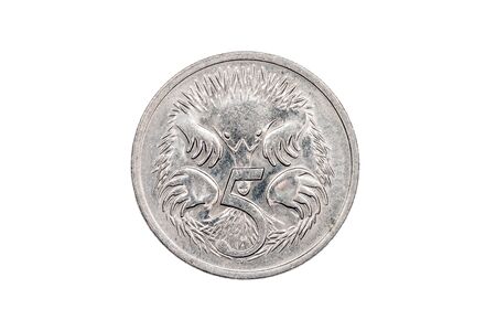 A five cents coin from Australia showing the reverse side isolated on a white background minted in 1982の写真素材