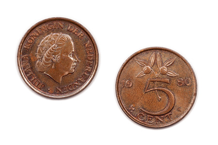 A five cents coin from the Netherlands minted in 1980 and featuring Queen Juliana.の写真素材