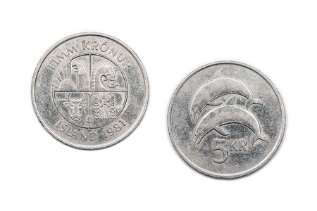 A five Kronur coin from Iceland minted in 1981 and isolated on a white background.の写真素材