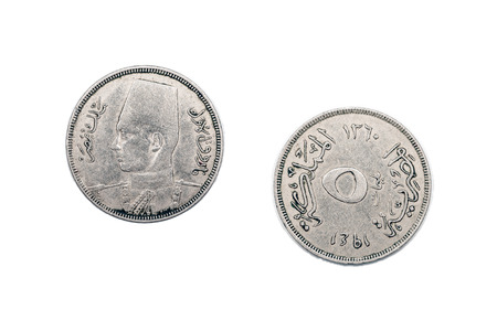 A five Milliemes coin from Egypts featuring King Farouk of Egypt and minted in 1361 by the islamic calendar or 1941 according to the Gregorian calendarの写真素材