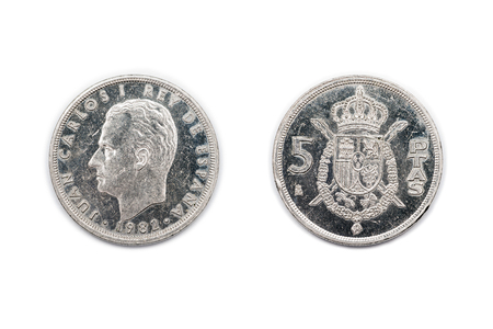 Five Peseta coin from Spain minted 1982 and featuring King Juan Carlos of Spainの写真素材
