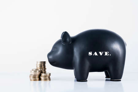 Black piggy bank and some coins with the motif  Saveの写真素材