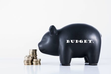 Black piggy bank and some coins with the motif - Budgetの写真素材