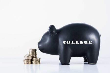 Black piggy bank and some coins with the motif - Collegeの写真素材