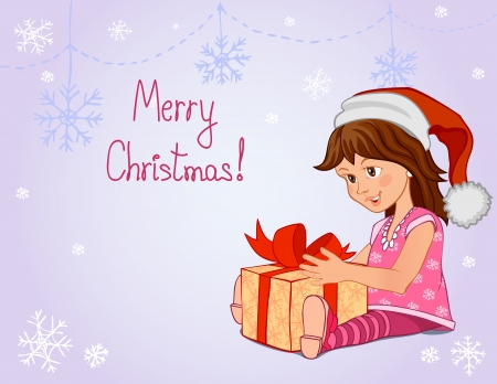 A little girl in a pink dress with a Christmas gift box on snowflakes backgroundのイラスト素材