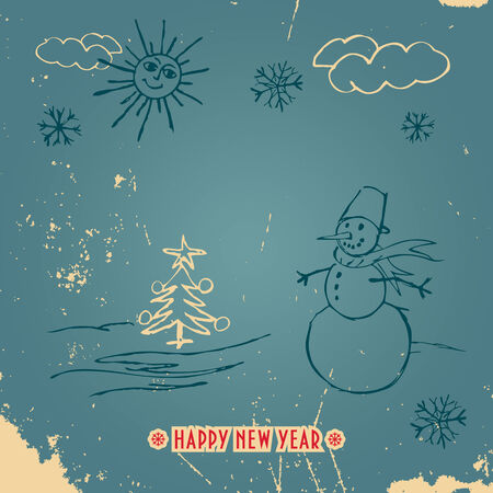 Doodle New Year card with a snowman in vintage style with titleのイラスト素材