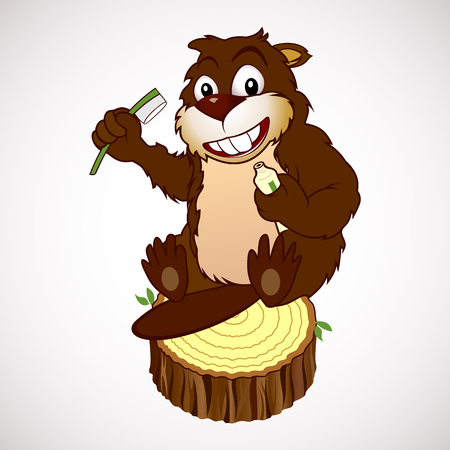 Cartoon characters smiling beaver holding in paws a toothbrush and toothpasteのイラスト素材