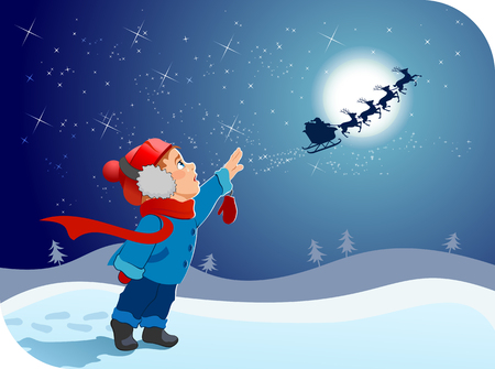 Little boy and Santa on the backdrop of the moon のイラスト素材
