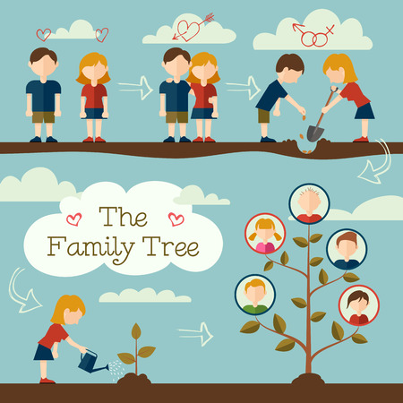 Young couple planting the family tree  Flat design conceptのイラスト素材