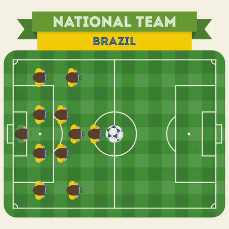 Brazil national football team on the playing field. Top view, flat designのイラスト素材