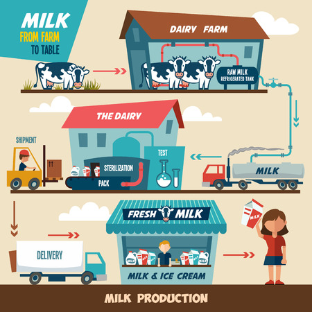 Stages of production and processing of milk from a dairy farm to tableのイラスト素材