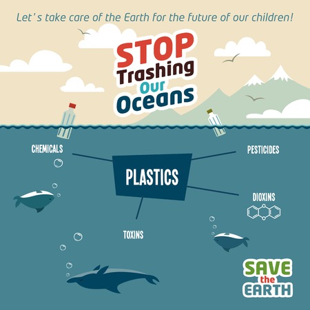 Stop trashing our oceans. Pollution of the ocean plastic debris. Save the Earth eco illustration