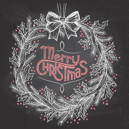 Hand-lettering Merry Christmas with Christmas wreath on blackboard with chalkのイラスト素材