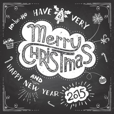 Merry Christmas chalkboard doodles greeting card on blackboard backgroundのイラスト素材