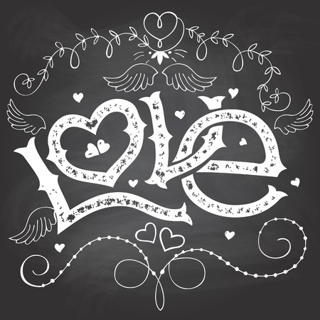 Love hand-lettering for Valentines day with hand-drawn elements on blackboard background with chalkのイラスト素材