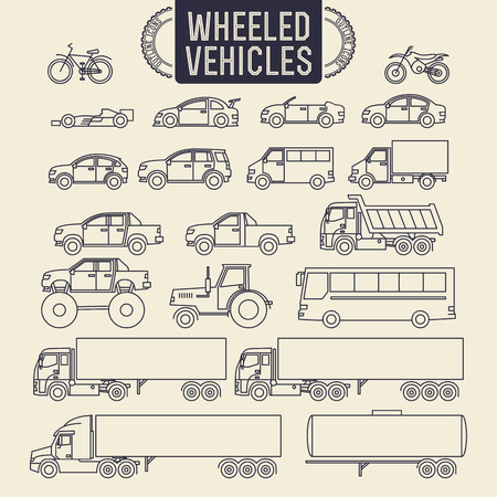 Wheeled vehicles. Transport outline icons setのイラスト素材