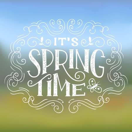 Spring Time. Hand-lettering typographic design on nature backgroundのイラスト素材