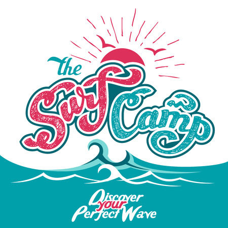 The Surf Camp hand lettered logo design with a wavesのイラスト素材