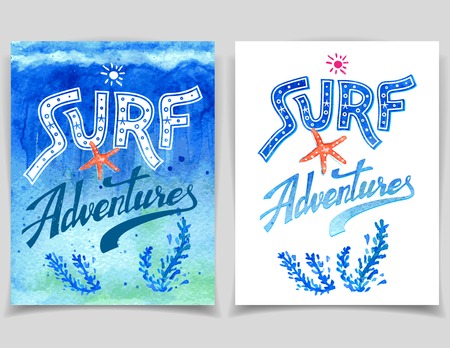 Surf Adventures. Set of vector watercolor surfing greeting cardsのイラスト素材