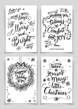 Greeting cards bundle in black isolated on white background. A unique set of calligraphic greeting cards and flyers for printing and designのイラスト素材