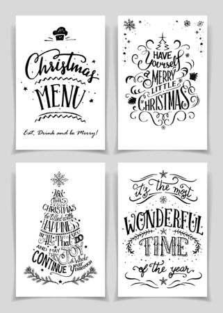Christmas greeting cards bundle in black isolated on white background. A unique set of hand lettered holiday cards or posters for printing and designのイラスト素材