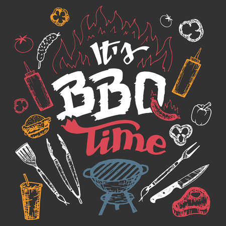 It's barbecue time. Hand drawn bbq elements set in sketch style on black backgroundのイラスト素材