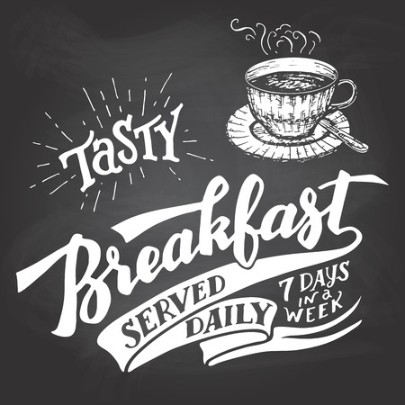Tasty breakfast served daily, seven days in a week. Hand lettering with a sketch of a coffee cup. Vintage typography illustration for cafe and restaurant. Chalkboard style on a blackboard backgroundのイラスト素材