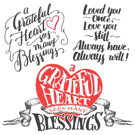 A grateful heart sees many blessings. Gratitude hand lettering quote and brush calligraphy love phrase set. Handwritten explanation of love isolated on white backgroundのイラスト素材