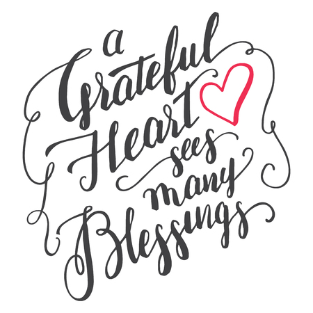A grateful heart sees many blessings. Gratitude brush calligraphy quote for greeting cards and posters. Handwritten thankfulness isolated on white backgroundのイラスト素材