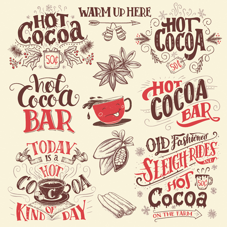 Hot cocoa hand lettering signboards set. Hot cocoa bar. Cocoa cup cartoon character. Hand drawn signs for cafe, bar and restaurantのイラスト素材