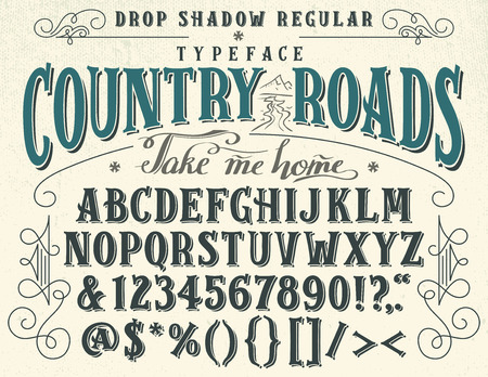 Country roads, take me home. Handcrafted retro drop shadow regular typeface. Vintage font design, handwritten alphabetのイラスト素材