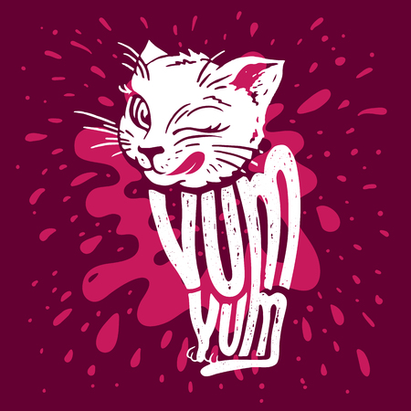 Cute kitten says yum yum. Illustration of a licking cat with hand lettering on pink background with splashing milkのイラスト素材