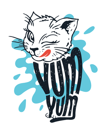 Cute kitten says yum yum. Illustration of a licking cat with hand lettering on a splashing milk backgroundのイラスト素材