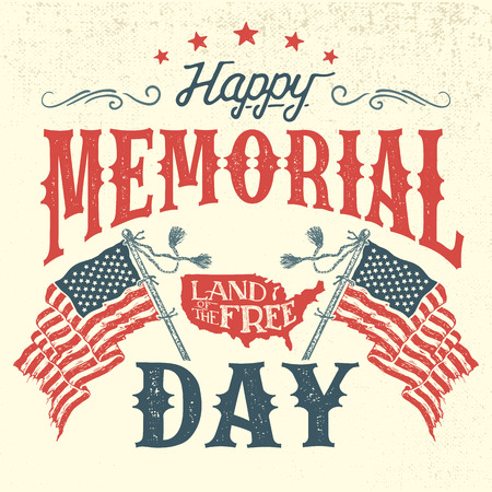 Happy Memorial Day greeting card. Hand-lettering party invitation. Sketch of american patriotic flags and country. Vintage typography illustrationのイラスト素材