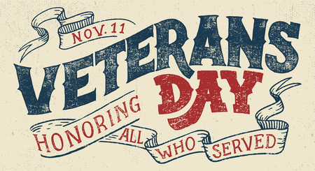 Veterans day, Honoring all who served. Hand lettering greeting card with textured handcrafted letters and background in retro style. Hand-drawn vintage typography illustrationのイラスト素材