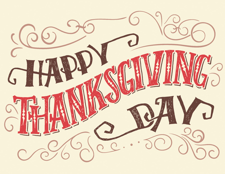 Happy thanksgiving day. Hand lettering quote for holiday posters or cards. Hand-drawn typography with curlsのイラスト素材